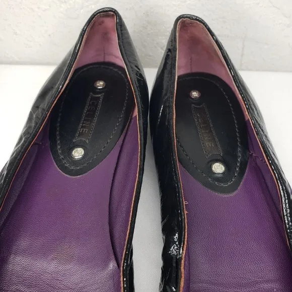 CELINE Women Ballet Flat Size 7.5 Slip On Shoe Black Patent Leather Comfy Casual