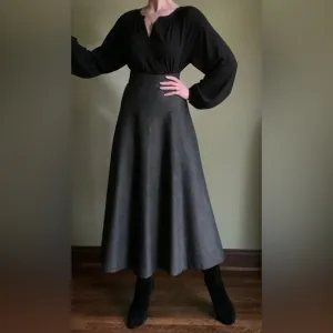 Charcoal Flared Maxi Skirt, High Waist, Herringbone Skirt