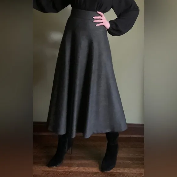 Charcoal Flared Maxi Skirt, High Waist, Herringbone Skirt