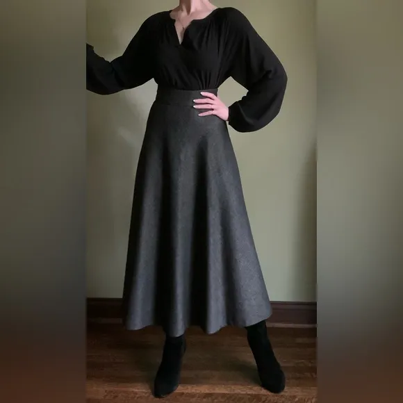 Charcoal Flared Maxi Skirt, High Waist, Herringbone Skirt