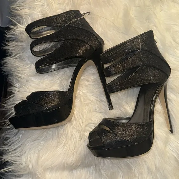 Charles David Size 7.5 GAZETTE Black Glitter Heels Sandals New Womens Shoes NWOT