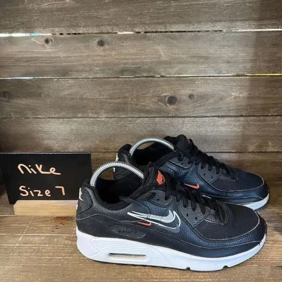 Childrens Big Kids Nike Air Max 90 LTR Black Leather Athletic Shoes Sneakers 7Y‎