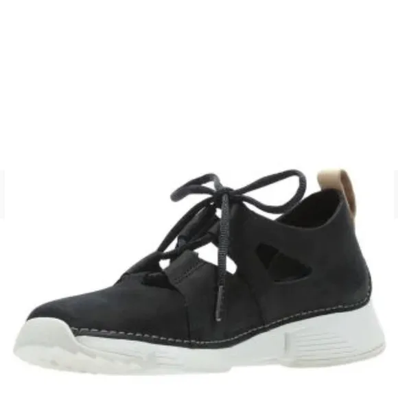 Clarks Nubuck Ballet Flat Sneakers Black Leather Lace Up Casula Comfy Size 8