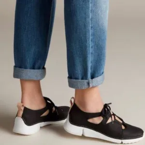 Clarks Nubuck Ballet Flat Sneakers Black Leather Lace Up Casula Comfy Size 8