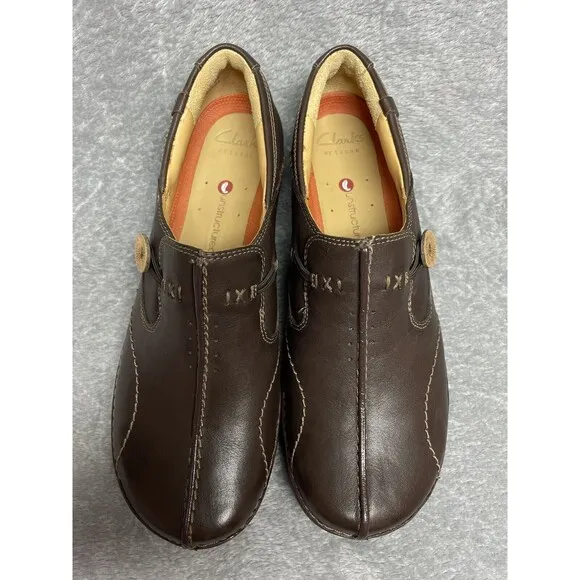Clarks Un.Loop Women’s Brown Leather Ortholite Slip On Shoes Size 7 M