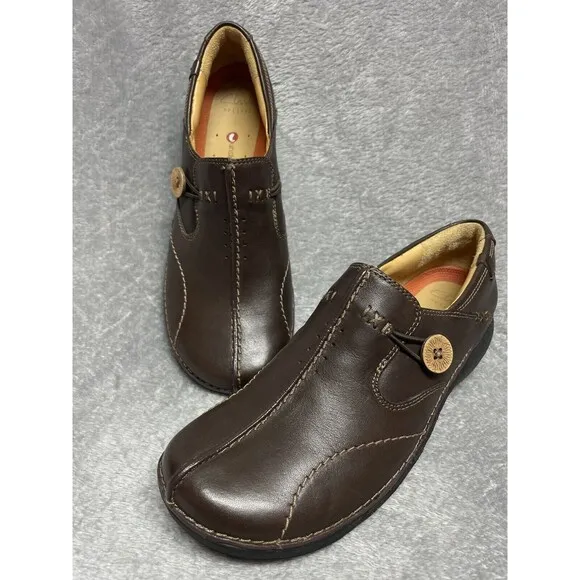 Clarks Un.Loop Women’s Brown Leather Ortholite Slip On Shoes Size 7 M