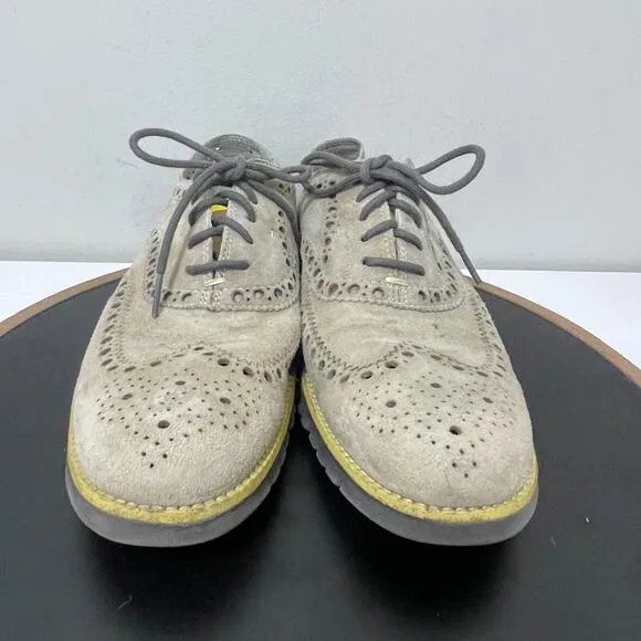 Cole Haan LunarGrand Wingtip Oxford Men 9M Gray Suede Neon Sole Brogue Casual