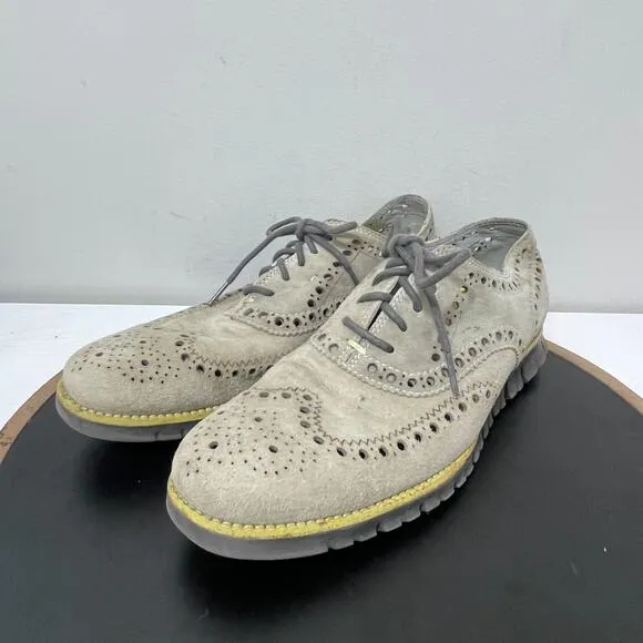 Cole Haan LunarGrand Wingtip Oxford Men 9M Gray Suede Neon Sole Brogue Casual