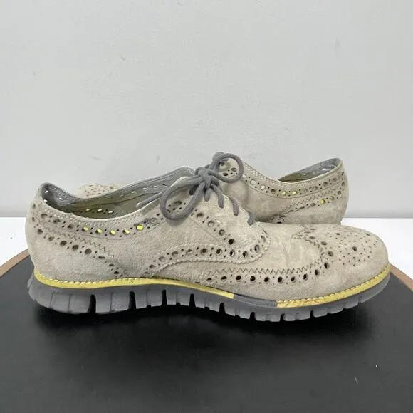 Cole Haan LunarGrand Wingtip Oxford Men 9M Gray Suede Neon Sole Brogue Casual