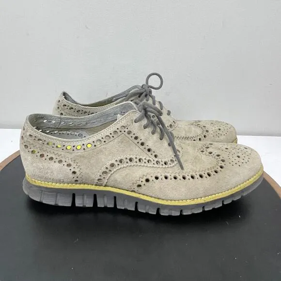 Cole Haan LunarGrand Wingtip Oxford Men 9M Gray Suede Neon Sole Brogue Casual