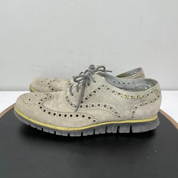 Cole Haan LunarGrand Wingtip Oxford Men 9M Gray Suede Neon Sole Brogue Casual