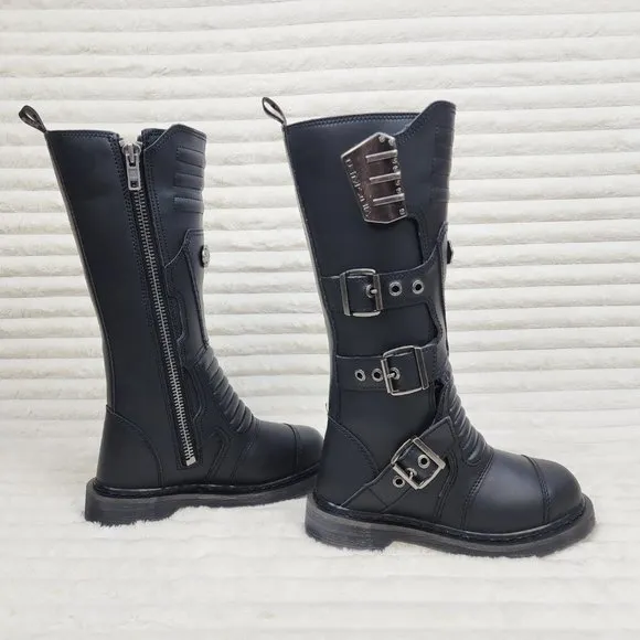 Combat Biker Boots Black Matte Lightning Bolt Tread Bolt 405 Goth Punk