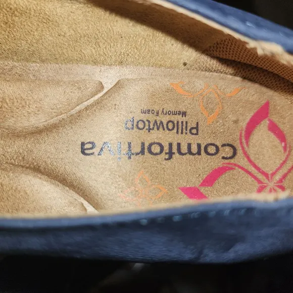 Comfortiva Pillowtop Women's Size 7.5 Navy Leather Wedge Loafers NWOT