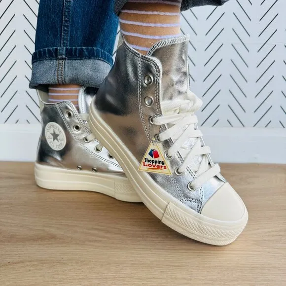 ⭐CONVERSE All Star Lift Hi Women Shoes Sz 7.5  Shoes Metallic Silver A09902C Gla