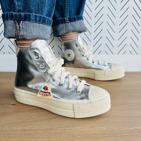 ⭐CONVERSE All Star Lift Hi Women Shoes Sz 7.5  Shoes Metallic Silver A09902C Gla