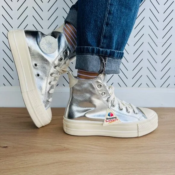 ⭐CONVERSE All Star Lift Hi Women Shoes Sz 7.5  Shoes Metallic Silver A09902C Gla