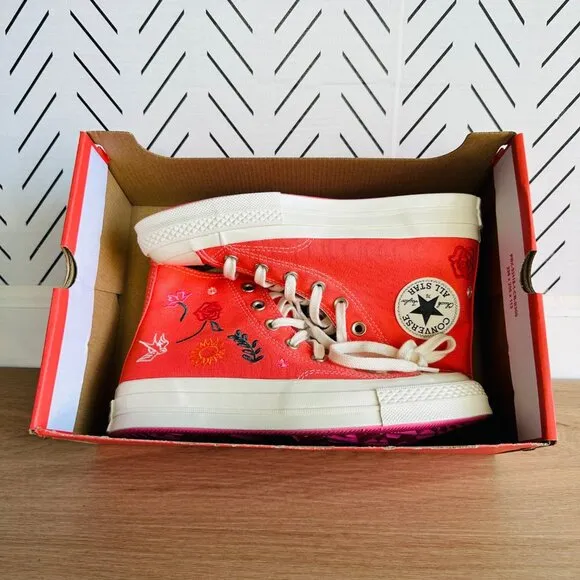 ⭐Converse Women Shoes 7.5 Chuck Taylor All Star Hi Embroidered Orange A010820C⭐