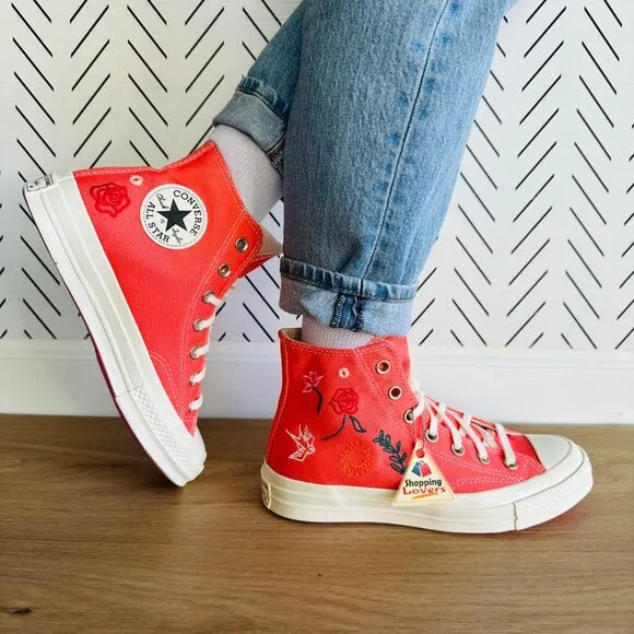⭐Converse Women Shoes 7.5 Chuck Taylor All Star Hi Embroidered Orange A010820C⭐