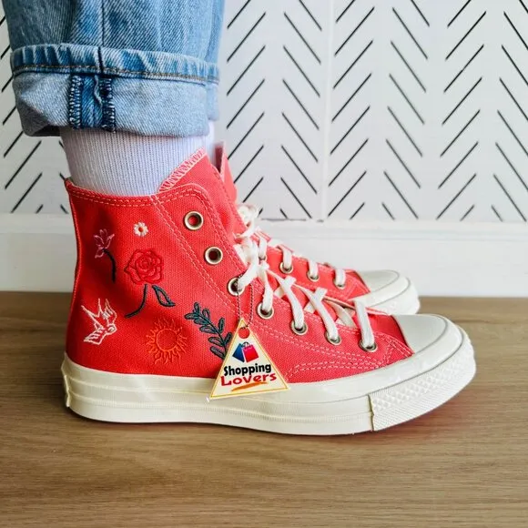 ⭐Converse Women Shoes 7.5 Chuck Taylor All Star Hi Embroidered Orange A010820C⭐