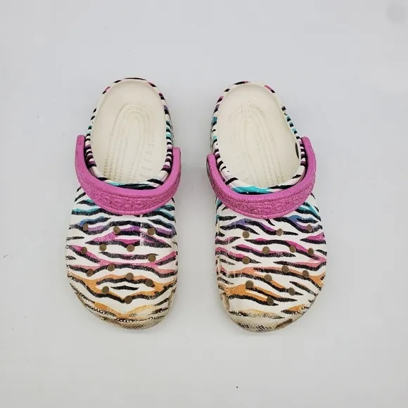 Crocs Shoes Junior 4 Classic Animal Print Clogs Glitter Sandals Multi White