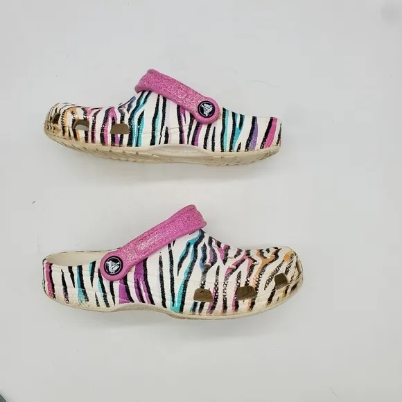 Crocs Shoes Junior 4 Classic Animal Print Clogs Glitter Sandals Multi White