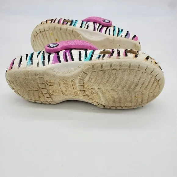 Crocs Shoes Junior 4 Classic Animal Print Clogs Glitter Sandals Multi White