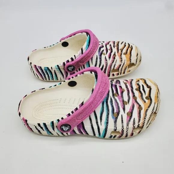 Crocs Shoes Junior 4 Classic Animal Print Clogs Glitter Sandals Multi White