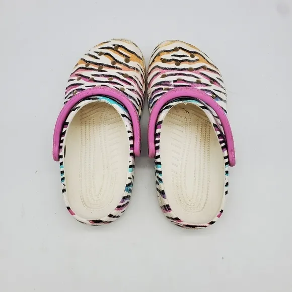 Crocs Shoes Junior 4 Classic Animal Print Clogs Glitter Sandals Multi White
