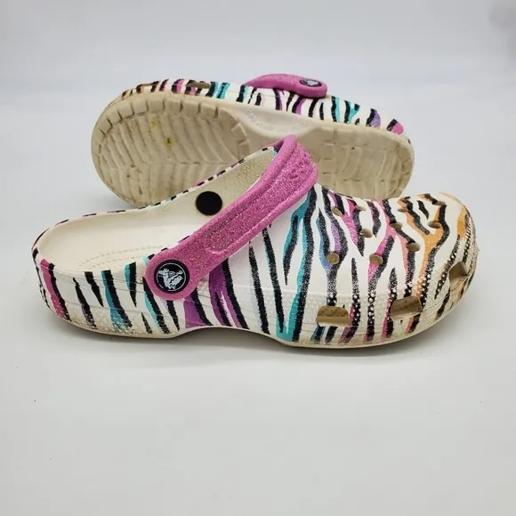 Crocs Shoes Junior 4 Classic Animal Print Clogs Glitter Sandals Multi White