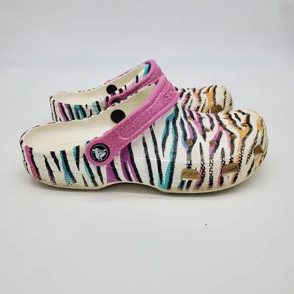 Crocs Shoes Junior 4 Classic Animal Print Clogs Glitter Sandals Multi White