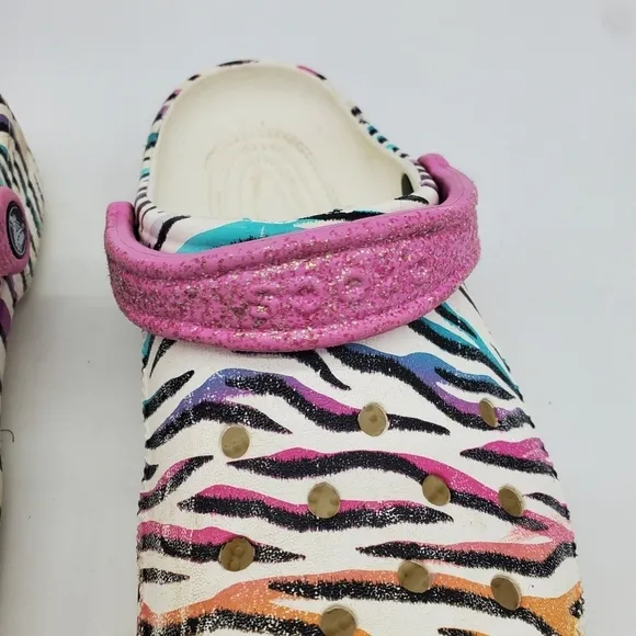 Crocs Shoes Junior 4 Classic Animal Print Clogs Glitter Sandals Multi White