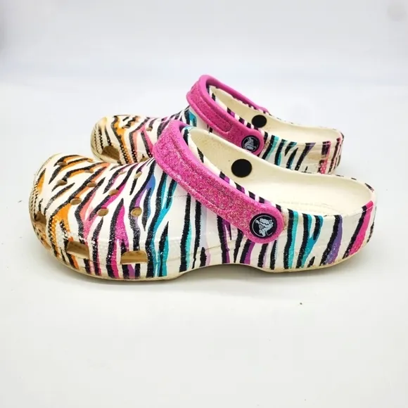 Crocs Shoes Junior 4 Classic Animal Print Clogs Glitter Sandals Multi White