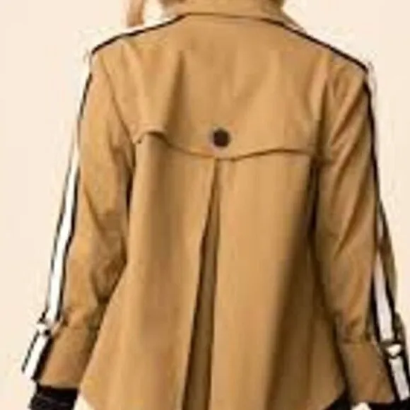 Crown &amp; Ivy Short Trench Coat Double Breasted Striped Sleeves Water Resistant
