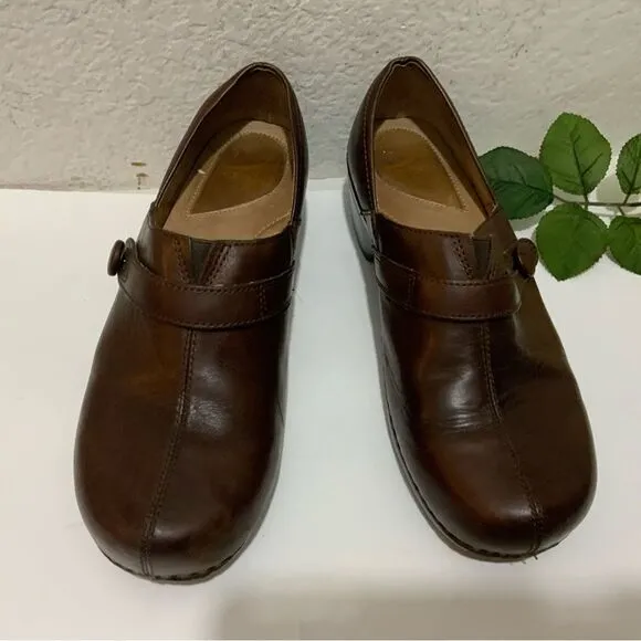 Dansko Leather Clogs Womens 9 Brown Solstice Button Strap Comfort Shoes Slip On