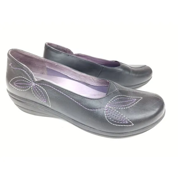 Dansko Women Mindy Shoes Black Embroidered Leather Slip On Wedge Sz 40 US 9.5-10