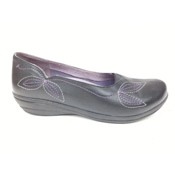 Dansko Women Mindy Shoes Black Embroidered Leather Slip On Wedge Sz 40 US 9.5-10