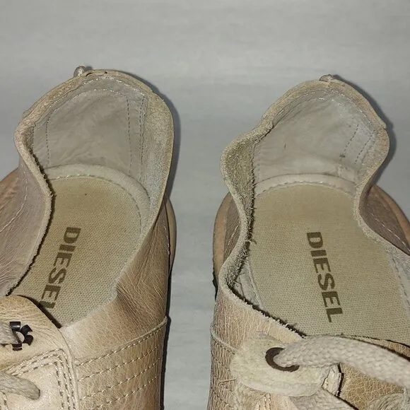 Diesel Men Lace-up Sneakers Size 10.5 Beige Leather Tennis Casual Comfy Gum Sole