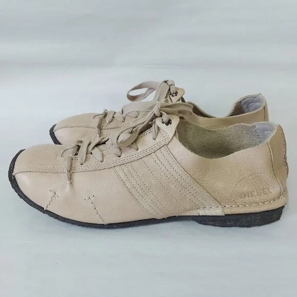 Diesel Men Lace-up Sneakers Size 10.5 Beige Leather Tennis Casual Comfy Gum Sole