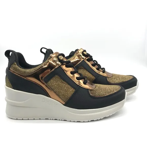 Dkny Women's Leo Wedge Black Gold Sneakers New 10