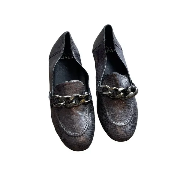 Donald Pliner Nolin Shoes Bethany Chain Loafer Flats Gunmetal Leather Size 5.5