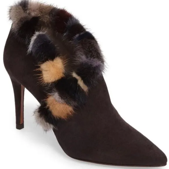 Donald Pliner Renata Suede Mink Fur Trim Stiletto Heel Booties Boots 6.5