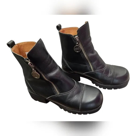 Double-H HH Double Zip Black Leather Ankle Boots Oil Resistant Treads Sz 7.5