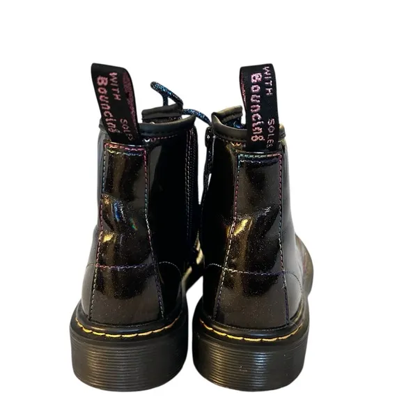 Dr. Martens Kids Lightshow Black Patent Boots with Iridescent Laces SZ 13