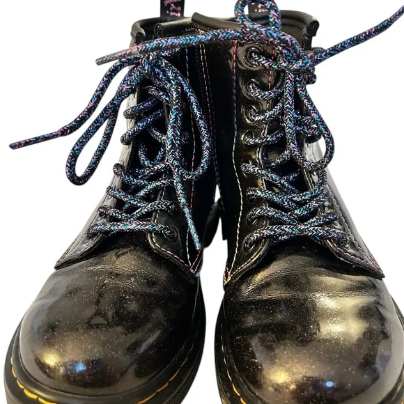 Dr. Martens Kids Lightshow Black Patent Boots with Iridescent Laces SZ 13
