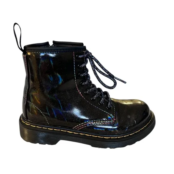 Dr. Martens Kids Lightshow Black Patent Boots with Iridescent Laces SZ 13