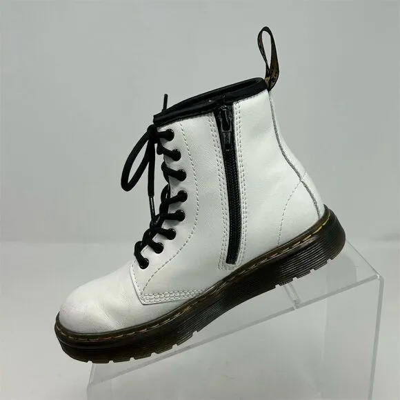 Dr. Martens Zavala J Kids White Leather Lace-Up Combat Boots Size 1 Casual Ankle