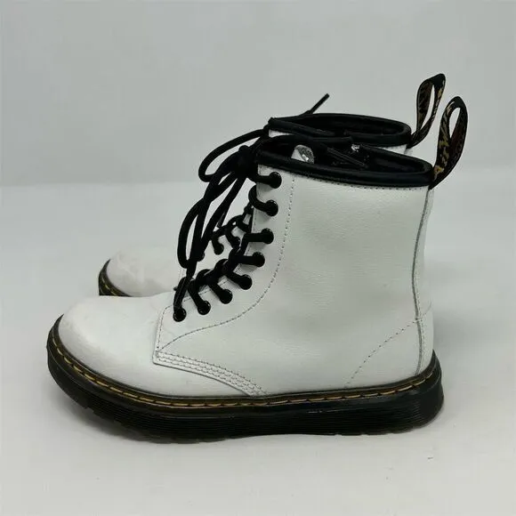 Dr. Martens Zavala J Kids White Leather Lace-Up Combat Boots Size 1 Casual Ankle