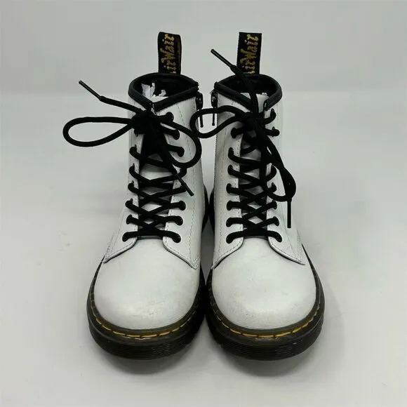 Dr. Martens Zavala J Kids White Leather Lace-Up Combat Boots Size 1 Casual Ankle