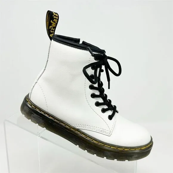 Dr. Martens Zavala J Kids White Leather Lace-Up Combat Boots Size 1 Casual Ankle
