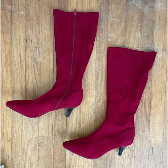 East 5th Boots Heels Red Faux Suede Women's Size 10 M Memory Foam Knee High